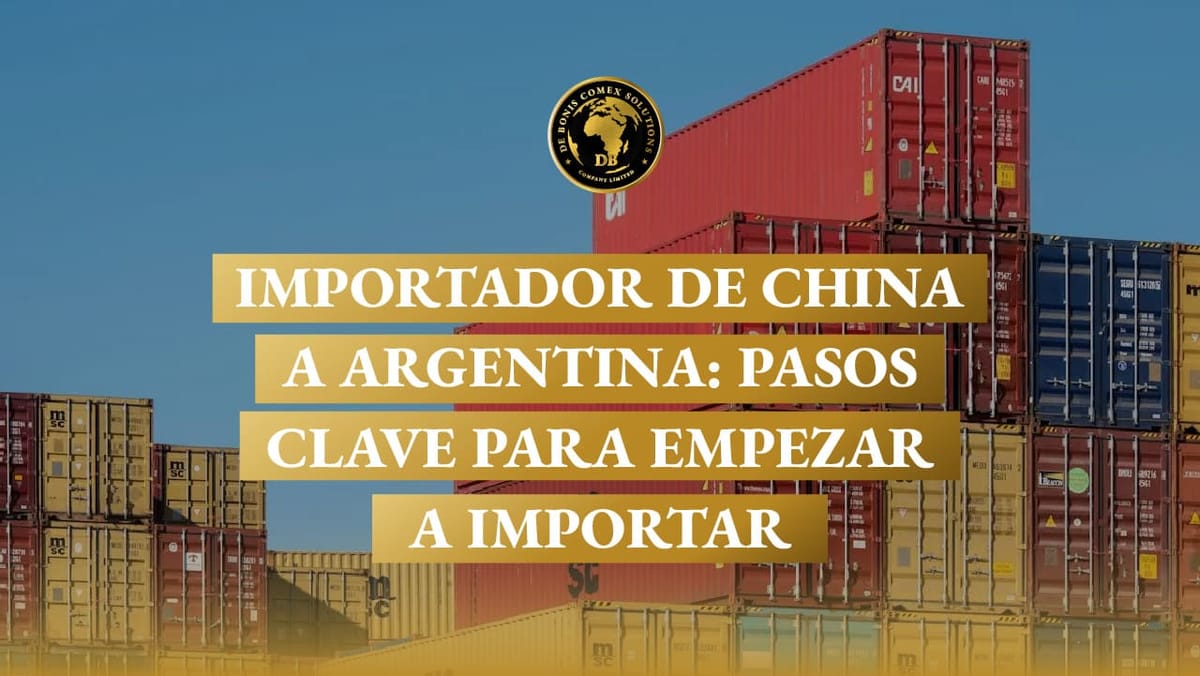 Contenedores marítimos apilados y un logo empresarial sobre fondo azul, ilustrando los pasos clave para ser Importador de Chi