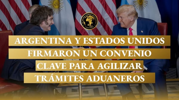 Javier Milei y Donald Trump se dan la mano durante una reunión bilateral, con banderas de ambos países detrás, en una imagen que anuncia un convenio para agilizar trámites aduaneros.